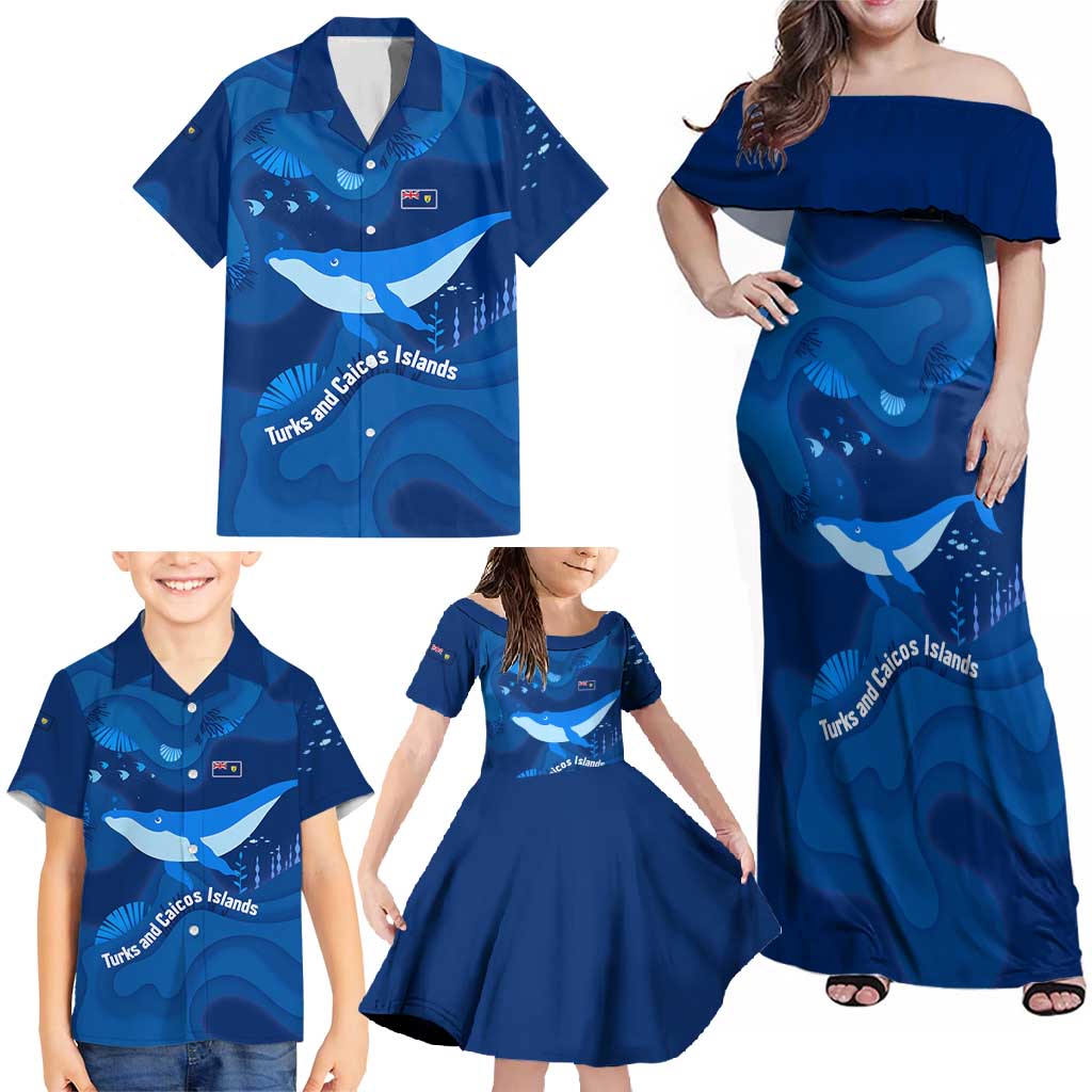 Turks and Caicos Islands Family Matching Off Shoulder Maxi Dress and Hawaiian Shirt with Blue Ocean Whale and Coral Reef Design - Wonder Print Shop