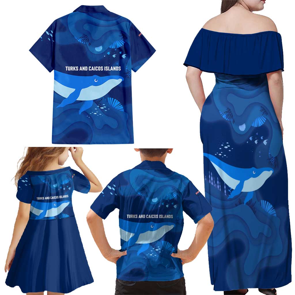 Turks and Caicos Islands Family Matching Off Shoulder Maxi Dress and Hawaiian Shirt with Blue Ocean Whale and Coral Reef Design - Wonder Print Shop