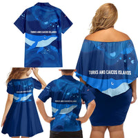 Turks and Caicos Islands Family Matching Off Shoulder Short Dress and Hawaiian Shirt with Blue Ocean Whale and Coral Reef Design - Wonder Print Shop