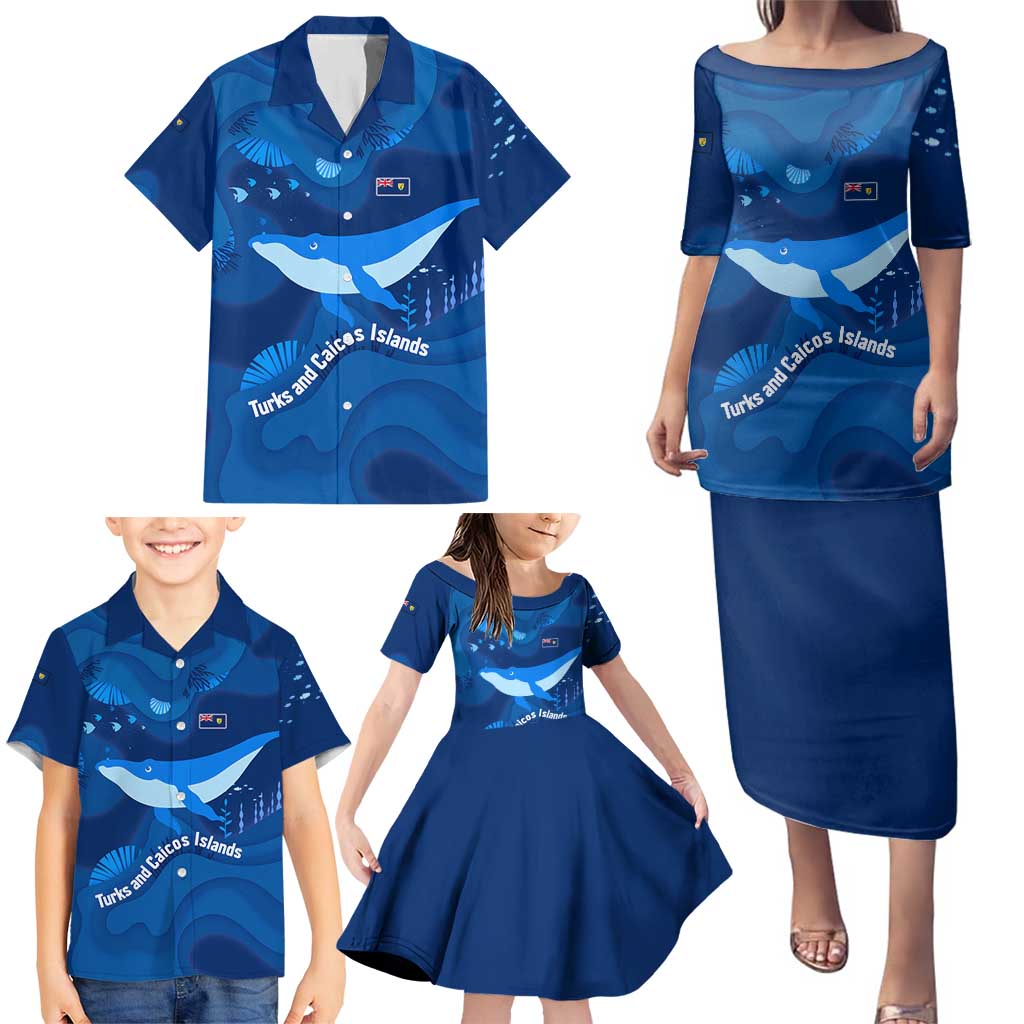 Turks and Caicos Islands Family Matching Puletasi and Hawaiian Shirt with Blue Ocean Whale and Coral Reef Design - Wonder Print Shop