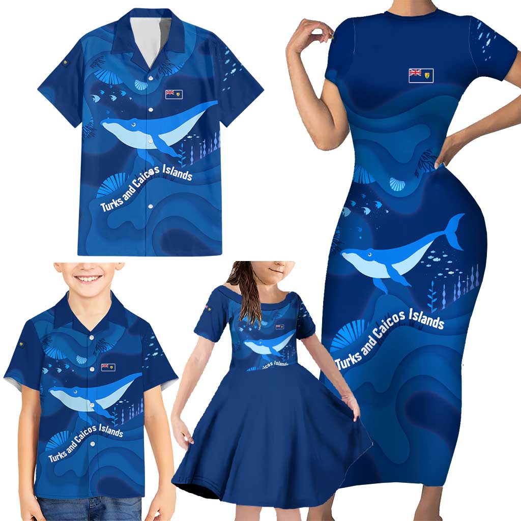 Turks and Caicos Islands Family Matching Short Sleeve Bodycon Dress and Hawaiian Shirt with Blue Ocean Whale and Coral Reef Design - Wonder Print Shop