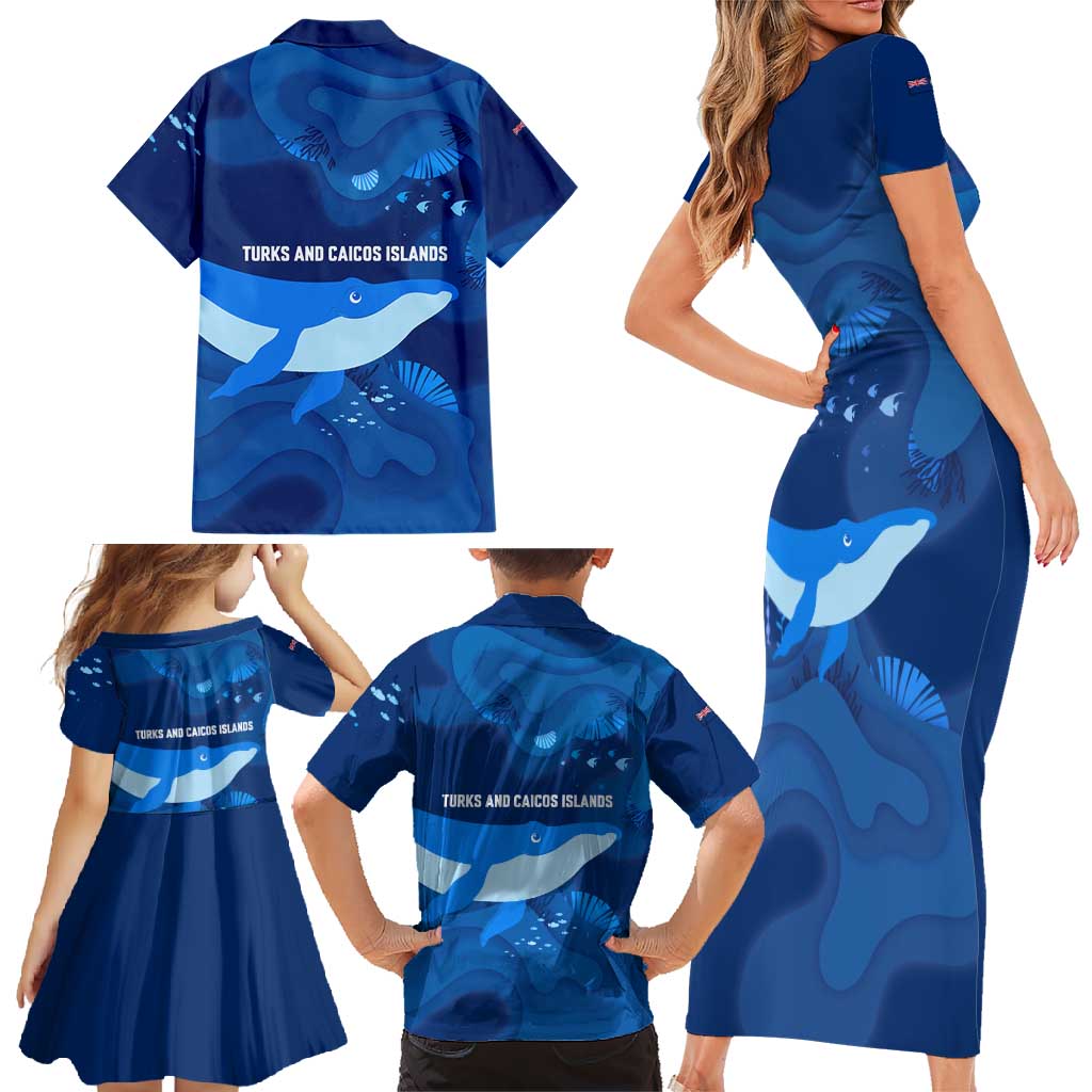 Turks and Caicos Islands Family Matching Short Sleeve Bodycon Dress and Hawaiian Shirt with Blue Ocean Whale and Coral Reef Design - Wonder Print Shop