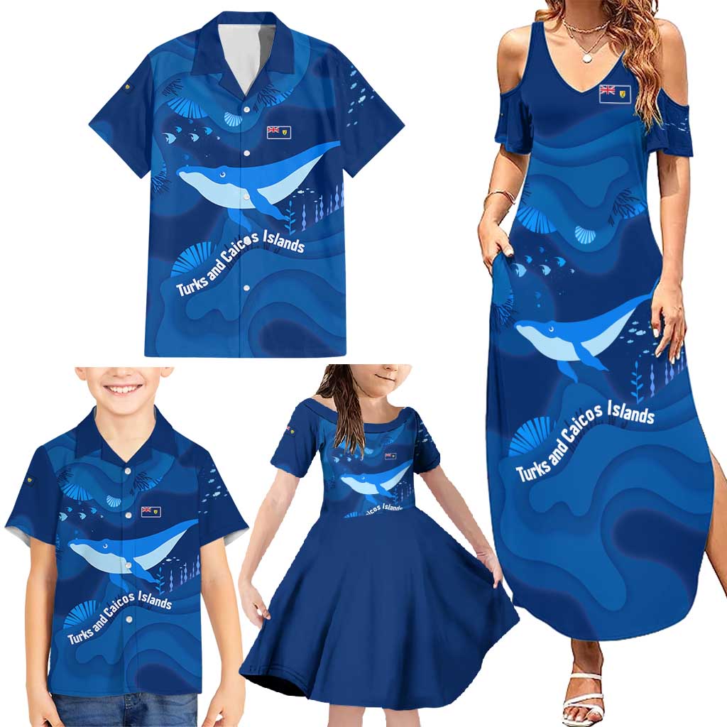 Turks and Caicos Islands Family Matching Summer Maxi Dress and Hawaiian Shirt with Blue Ocean Whale and Coral Reef Design - Wonder Print Shop