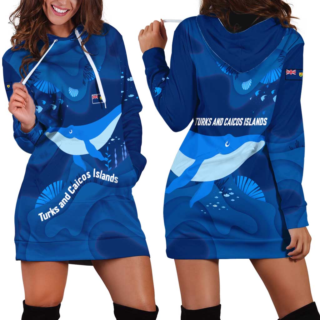 Turks and Caicos Islands Hoodie Dress with Blue Ocean Whale and Coral Reef Design - Wonder Print Shop