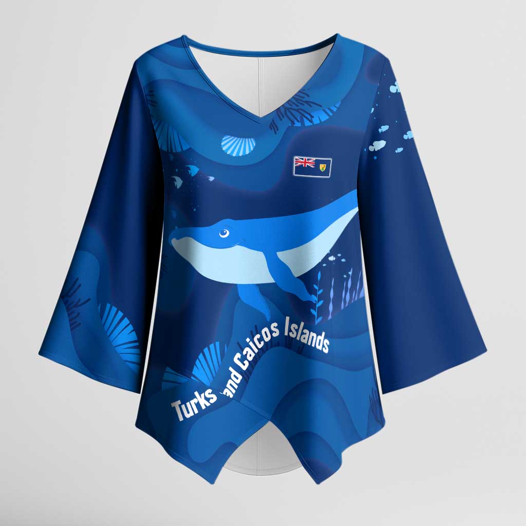 Turks and Caicos Islands Kimono Sleeve Blouse with Blue Ocean Whale and Coral Reef Design - Wonder Print Shop
