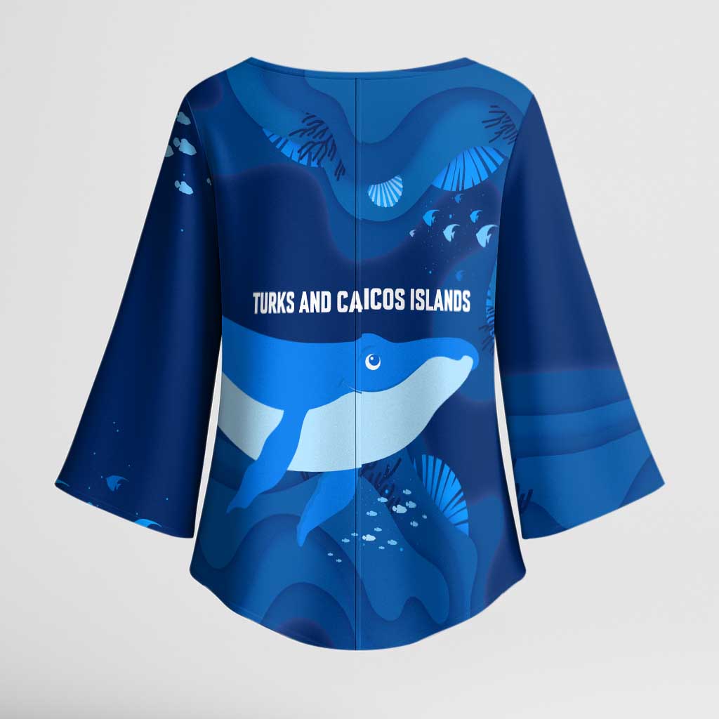 Turks and Caicos Islands Kimono Sleeve Blouse with Blue Ocean Whale and Coral Reef Design - Wonder Print Shop