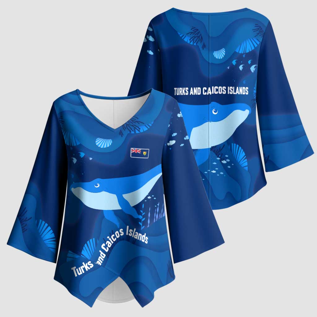 Turks and Caicos Islands Kimono Sleeve Blouse with Blue Ocean Whale and Coral Reef Design - Wonder Print Shop