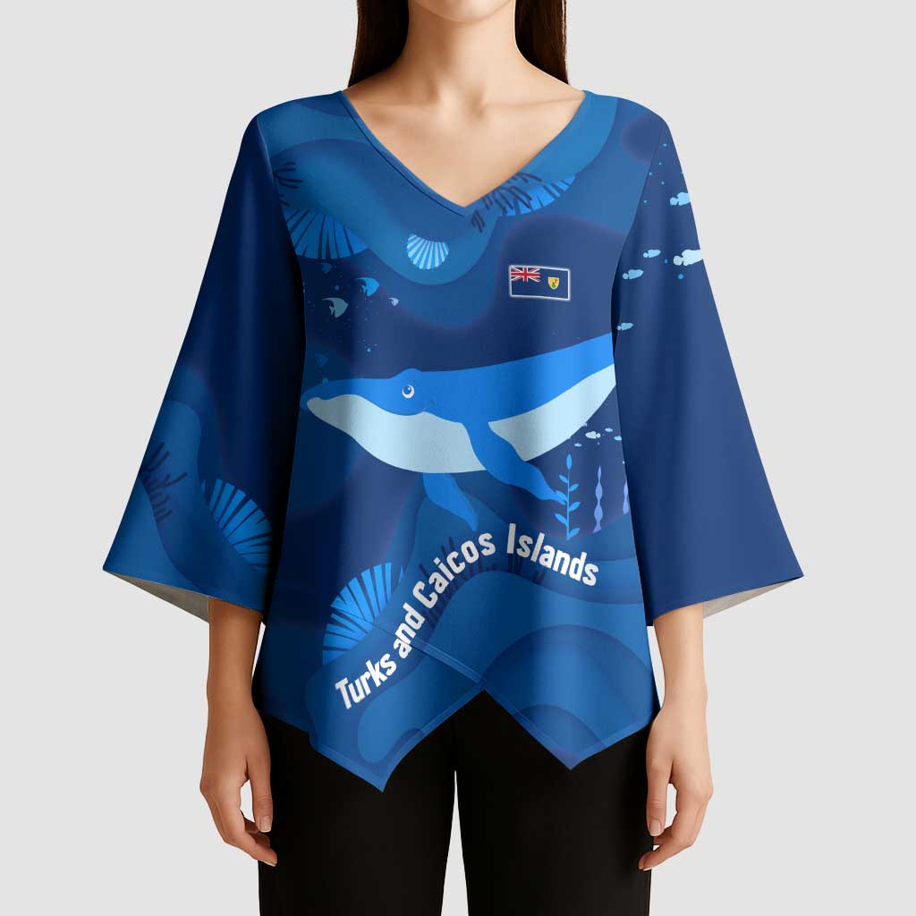 Turks and Caicos Islands Kimono Sleeve Blouse with Blue Ocean Whale and Coral Reef Design - Wonder Print Shop