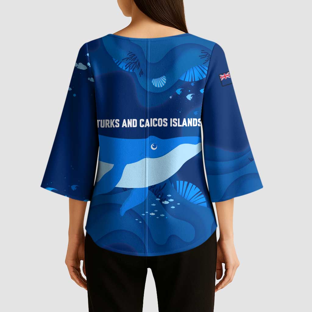 Turks and Caicos Islands Kimono Sleeve Blouse with Blue Ocean Whale and Coral Reef Design - Wonder Print Shop