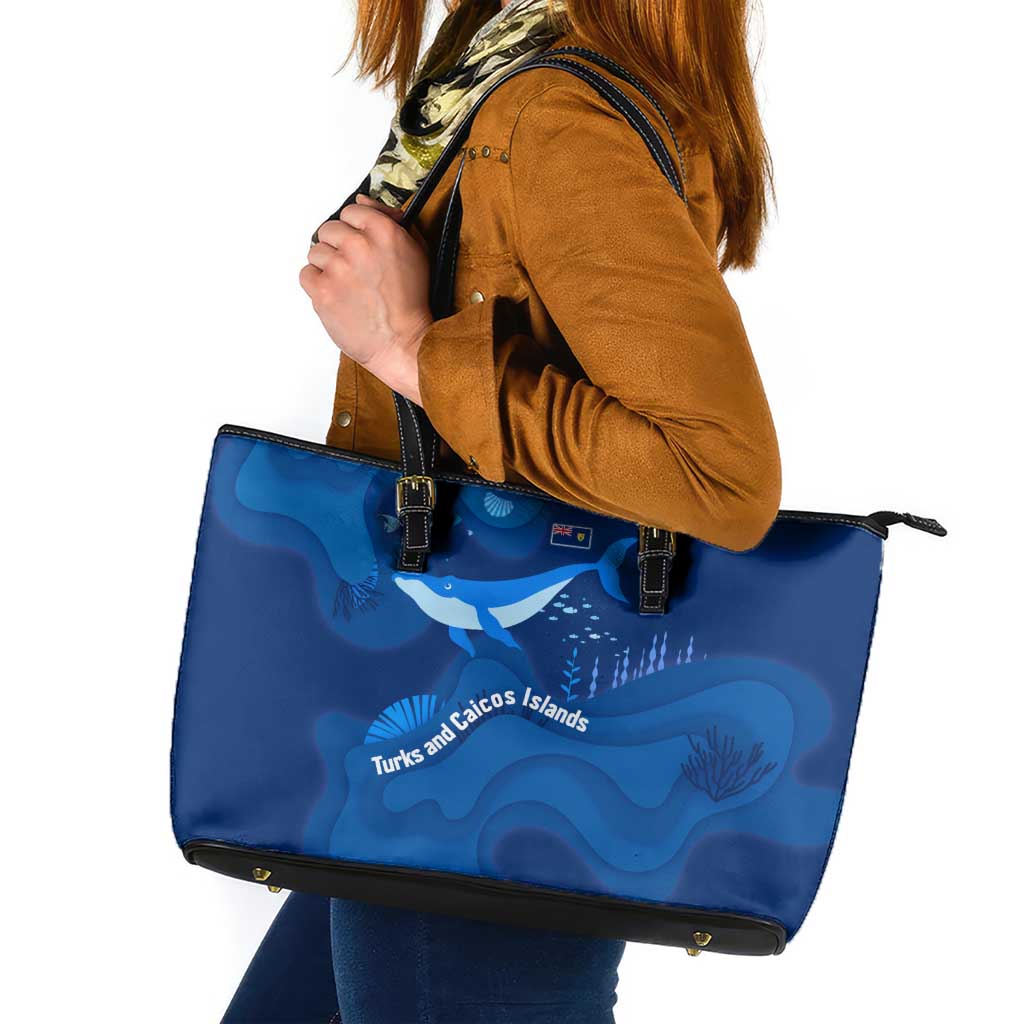 Turks and Caicos Islands Leather Tote Bag with Blue Ocean Whale and Coral Reef Design - Wonder Print Shop
