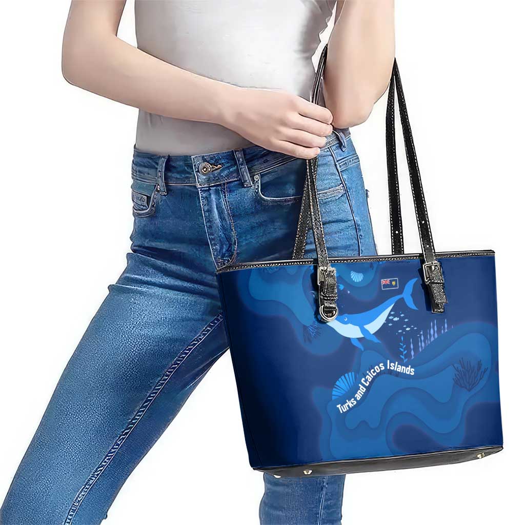Turks and Caicos Islands Leather Tote Bag with Blue Ocean Whale and Coral Reef Design - Wonder Print Shop