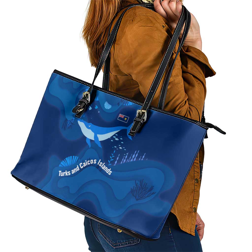 Turks and Caicos Islands Leather Tote Bag with Blue Ocean Whale and Coral Reef Design - Wonder Print Shop