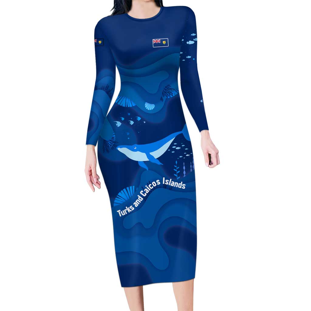 Turks and Caicos Islands Long Sleeve Bodycon Dress with Blue Ocean Whale and Coral Reef Design - Wonder Print Shop