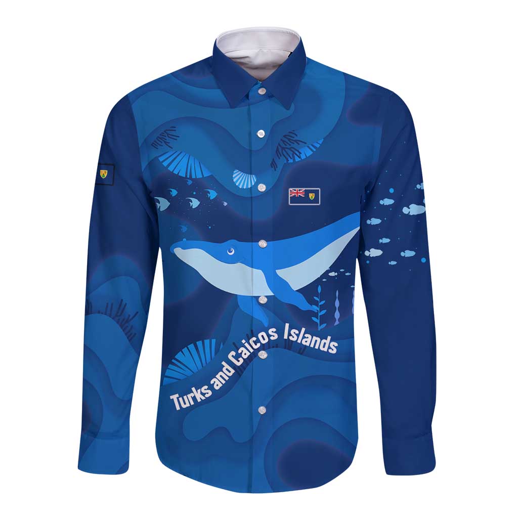 Turks and Caicos Islands Long Sleeve Button Shirt with Blue Ocean Whale and Coral Reef Design - Wonder Print Shop