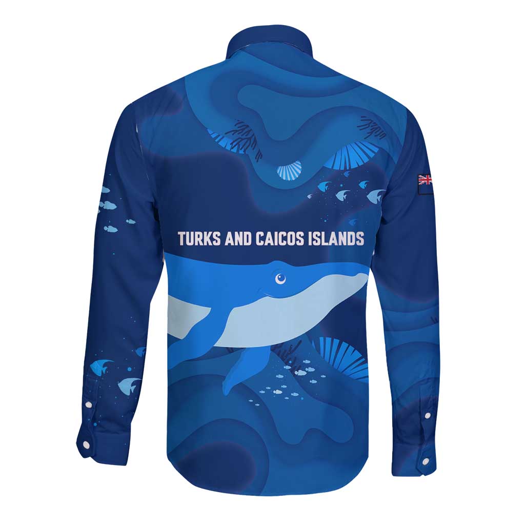 Turks and Caicos Islands Long Sleeve Button Shirt with Blue Ocean Whale and Coral Reef Design - Wonder Print Shop