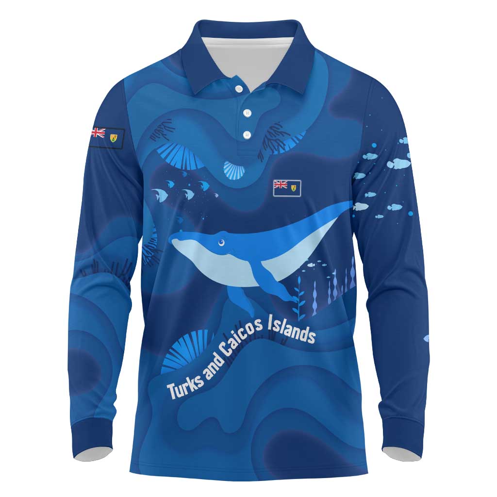 Turks and Caicos Islands Long Sleeve Polo Shirt with Blue Ocean Whale and Coral Reef Design - Wonder Print Shop