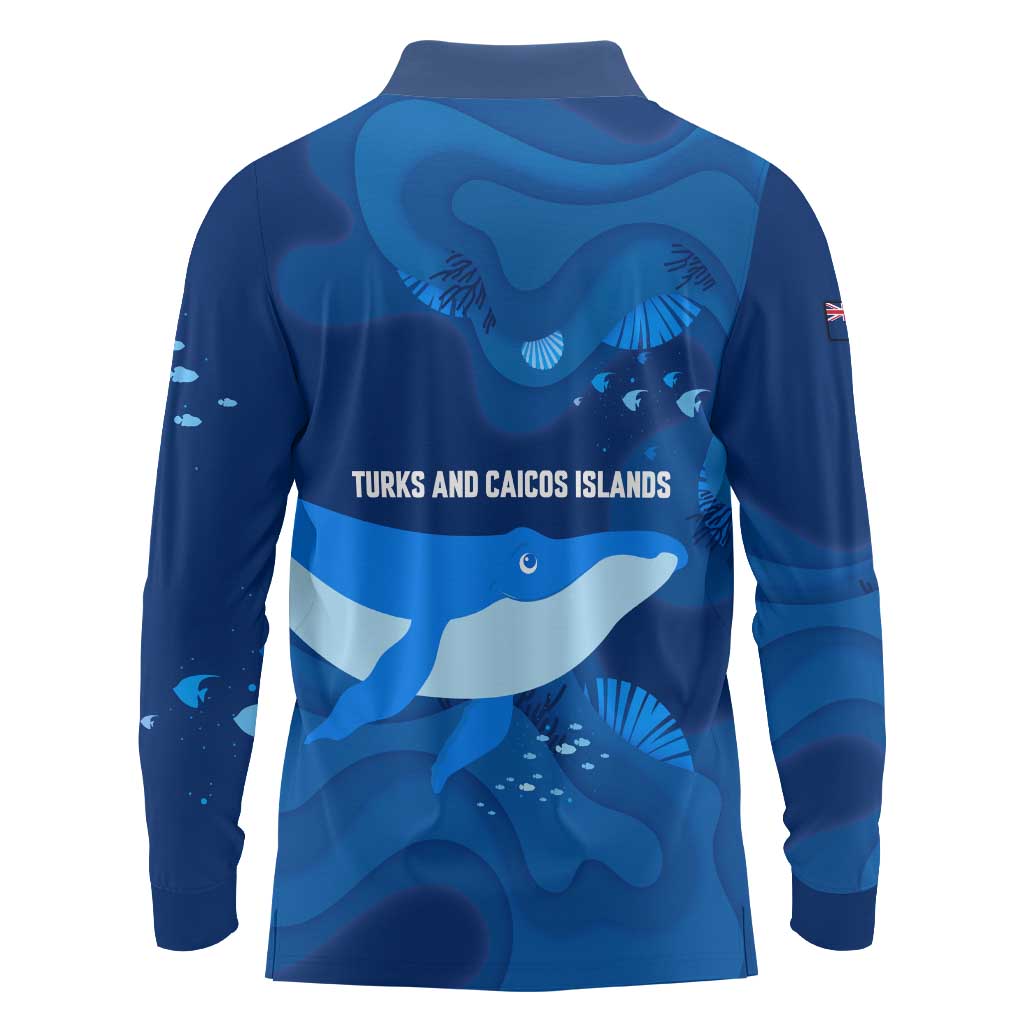 Turks and Caicos Islands Long Sleeve Polo Shirt with Blue Ocean Whale and Coral Reef Design - Wonder Print Shop