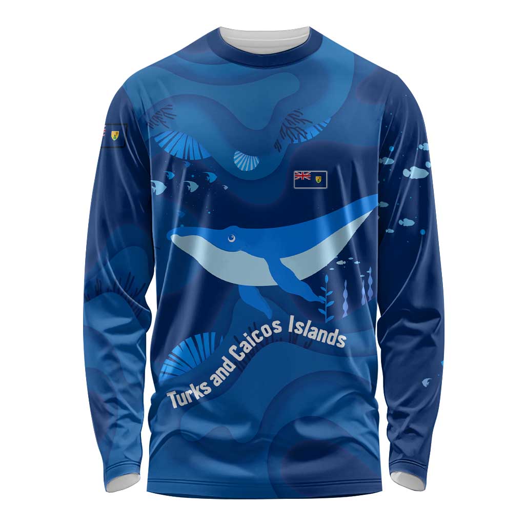 Turks and Caicos Islands Long Sleeve Shirt with Blue Ocean Whale and Coral Reef Design - Wonder Print Shop