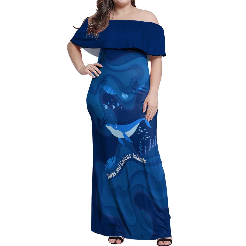 Turks and Caicos Islands Off Shoulder Maxi Dress with Blue Ocean Whale and Coral Reef Design - Wonder Print Shop