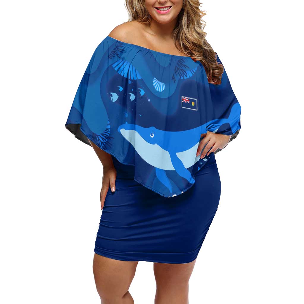 Turks and Caicos Islands Off Shoulder Short Dress with Blue Ocean Whale and Coral Reef Design - Wonder Print Shop