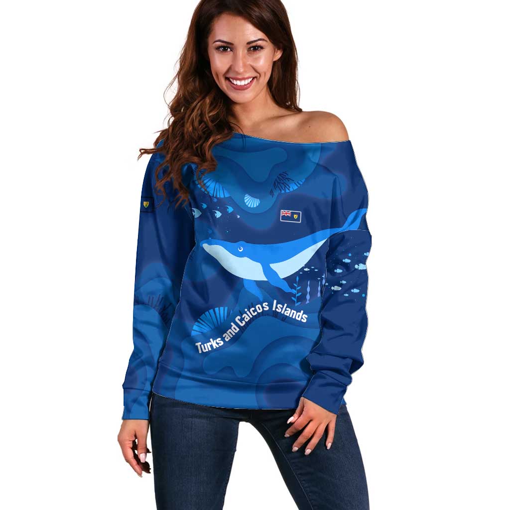 Turks and Caicos Islands Off Shoulder Sweater with Blue Ocean Whale and Coral Reef Design - Wonder Print Shop