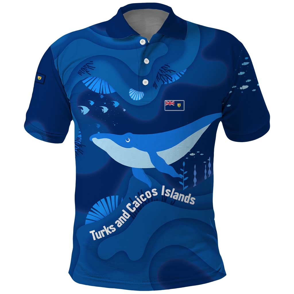 Turks and Caicos Islands Polo Shirt with Blue Ocean Whale and Coral Reef Design - Wonder Print Shop