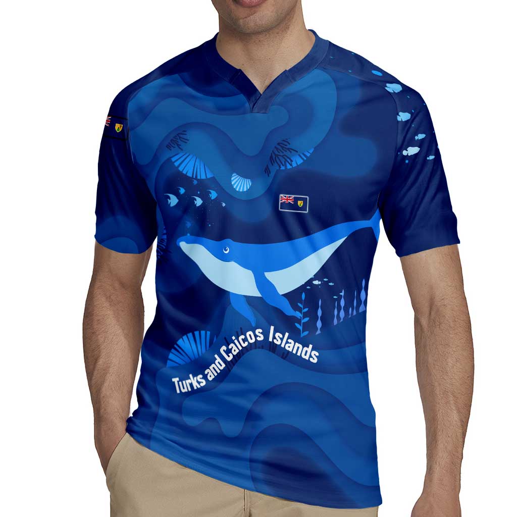 Turks and Caicos Islands Rugby Jersey with Blue Ocean Whale and Coral Reef Design - Wonder Print Shop