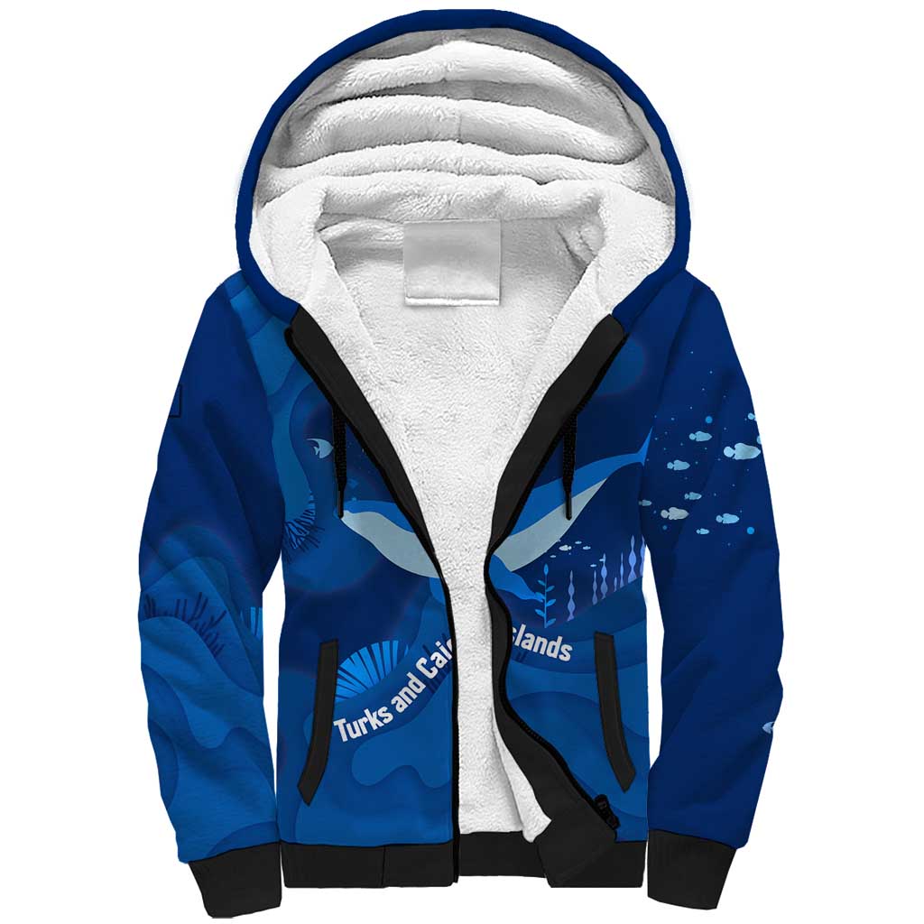 Turks and Caicos Islands Sherpa Hoodie with Blue Ocean Whale and Coral Reef Design - Wonder Print Shop
