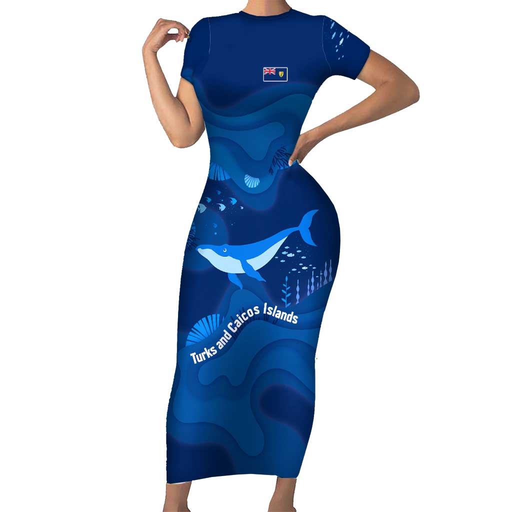 Turks and Caicos Islands Short Sleeve Bodycon Dress with Blue Ocean Whale and Coral Reef Design - Wonder Print Shop