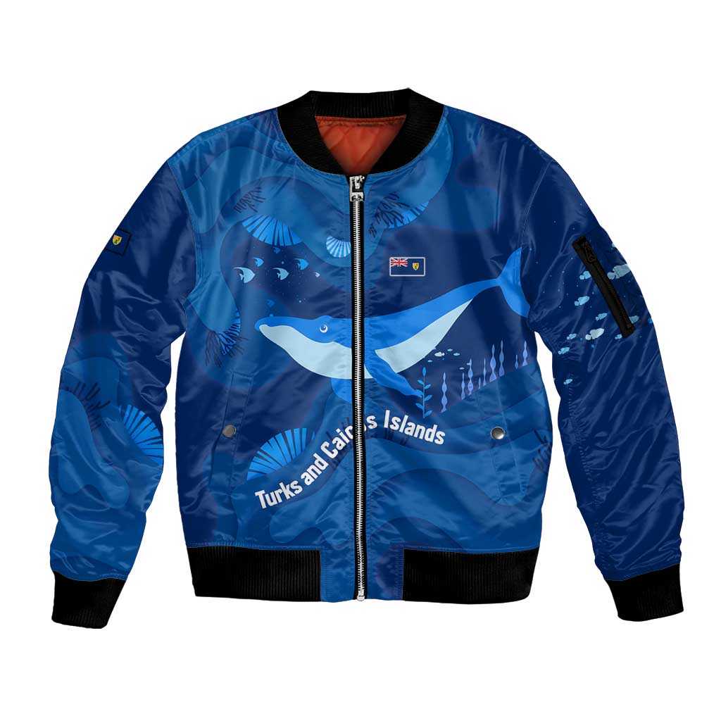 Turks and Caicos Islands Sleeve Zip Bomber Jacket with Blue Ocean Whale and Coral Reef Design - Wonder Print Shop