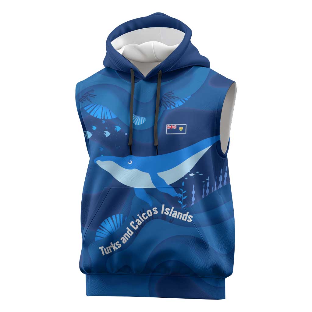Turks and Caicos Islands Sleeveless Hoodie with Blue Ocean Whale and Coral Reef Design - Wonder Print Shop