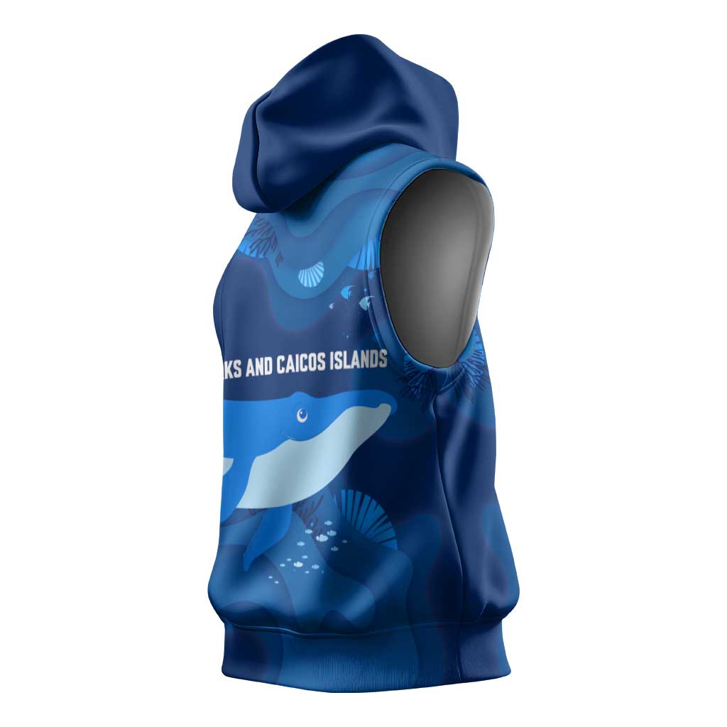 Turks and Caicos Islands Sleeveless Hoodie with Blue Ocean Whale and Coral Reef Design - Wonder Print Shop