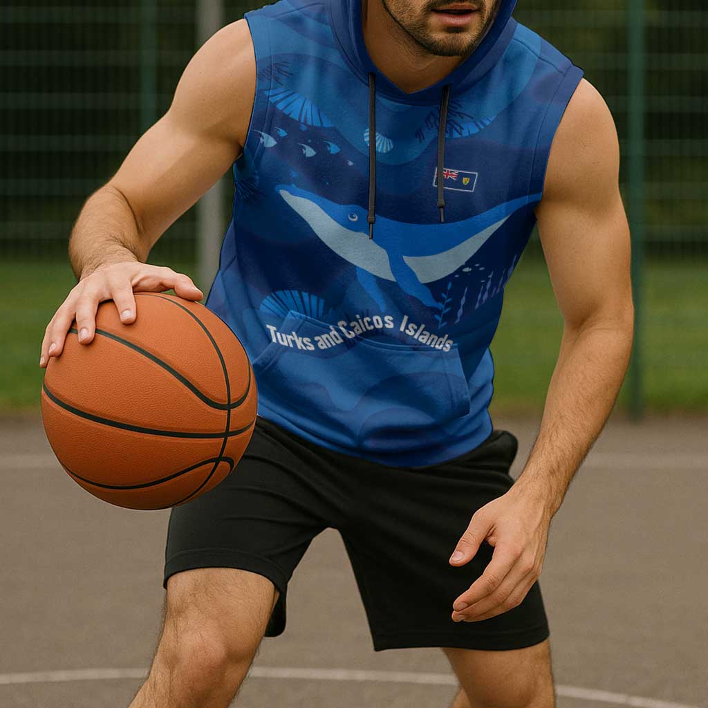 Turks and Caicos Islands Sleeveless Hoodie with Blue Ocean Whale and Coral Reef Design - Wonder Print Shop