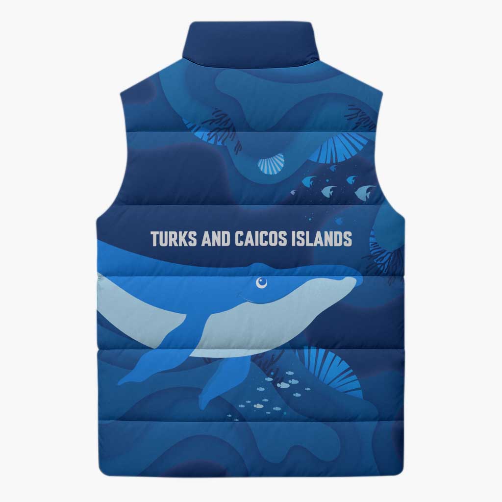 Turks and Caicos Islands Sleeveless Puffer Jacket with Blue Ocean Whale and Coral Reef Design - Wonder Print Shop