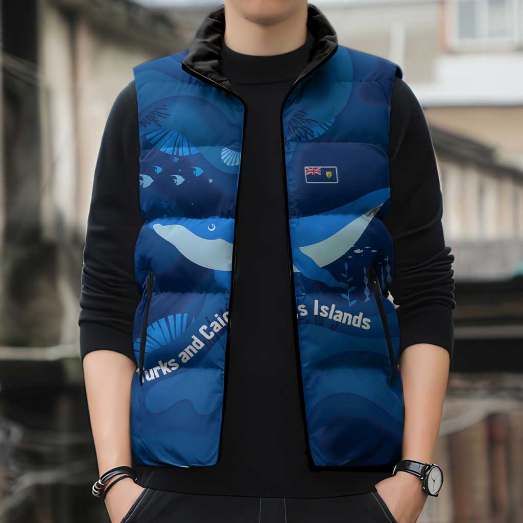 Turks and Caicos Islands Sleeveless Puffer Jacket with Blue Ocean Whale and Coral Reef Design - Wonder Print Shop