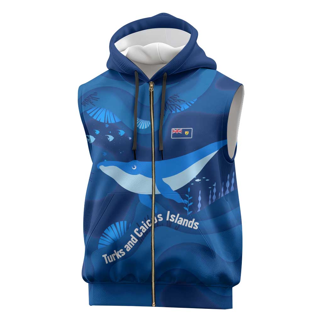 Turks and Caicos Islands Sleeveless Zip Hoodie with Blue Ocean Whale and Coral Reef Design - Wonder Print Shop