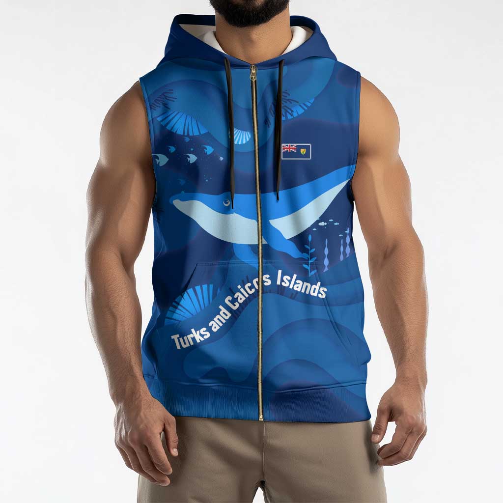 Turks and Caicos Islands Sleeveless Zip Hoodie with Blue Ocean Whale and Coral Reef Design - Wonder Print Shop