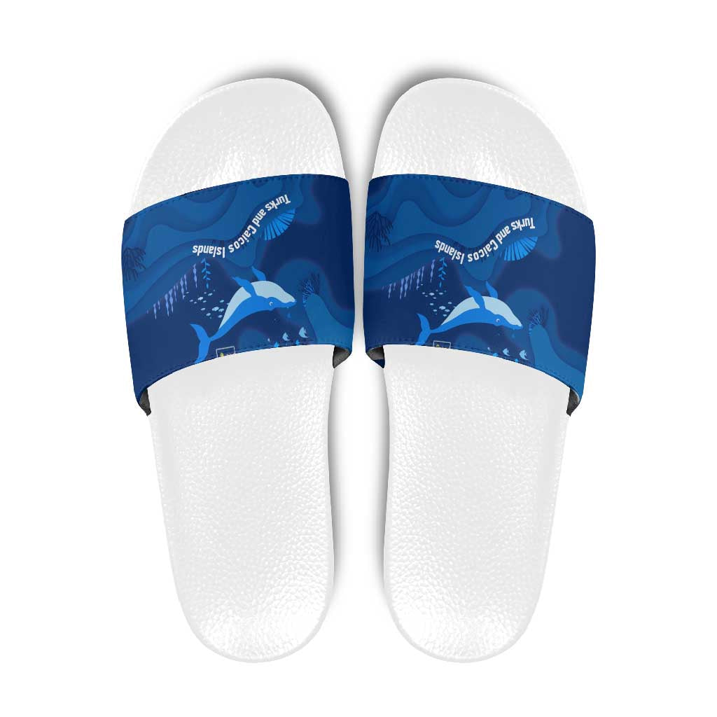 Turks and Caicos Islands Slide Sandals with Blue Ocean Whale and Coral Reef Design - Wonder Print Shop