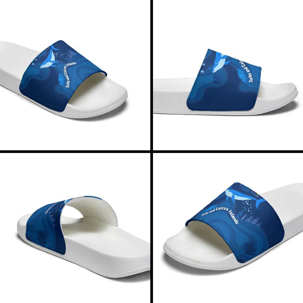 Turks and Caicos Islands Slide Sandals with Blue Ocean Whale and Coral Reef Design - Wonder Print Shop