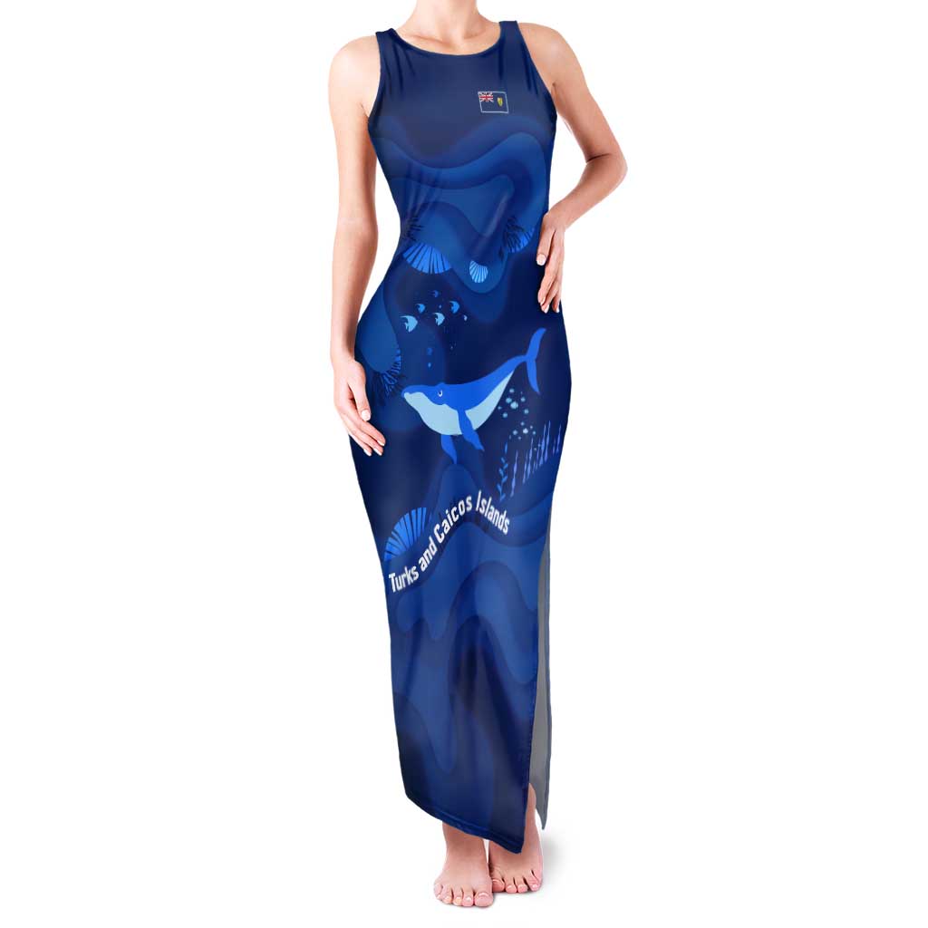 Turks and Caicos Islands Tank Maxi Dress with Blue Ocean Whale and Coral Reef Design - Wonder Print Shop