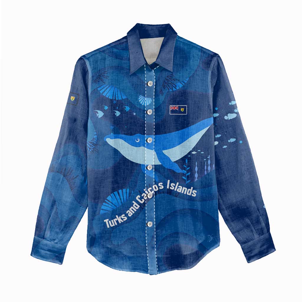 Turks and Caicos Islands Women Casual Shirt with Blue Ocean Whale and Coral Reef Design - Wonder Print Shop