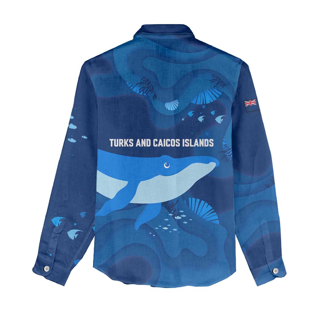 Turks and Caicos Islands Women Casual Shirt with Blue Ocean Whale and Coral Reef Design - Wonder Print Shop
