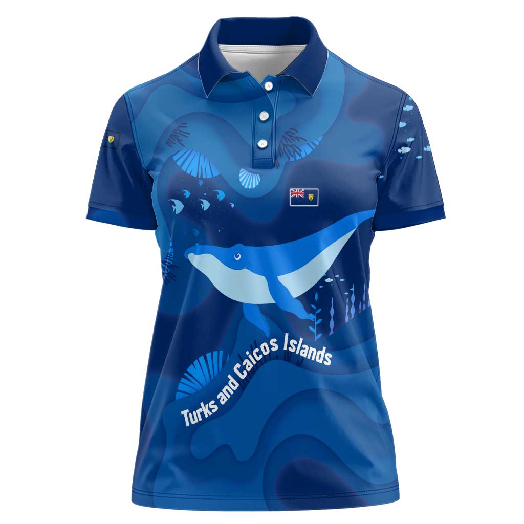 Turks and Caicos Islands Women Polo Shirt with Blue Ocean Whale and Coral Reef Design - Wonder Print Shop