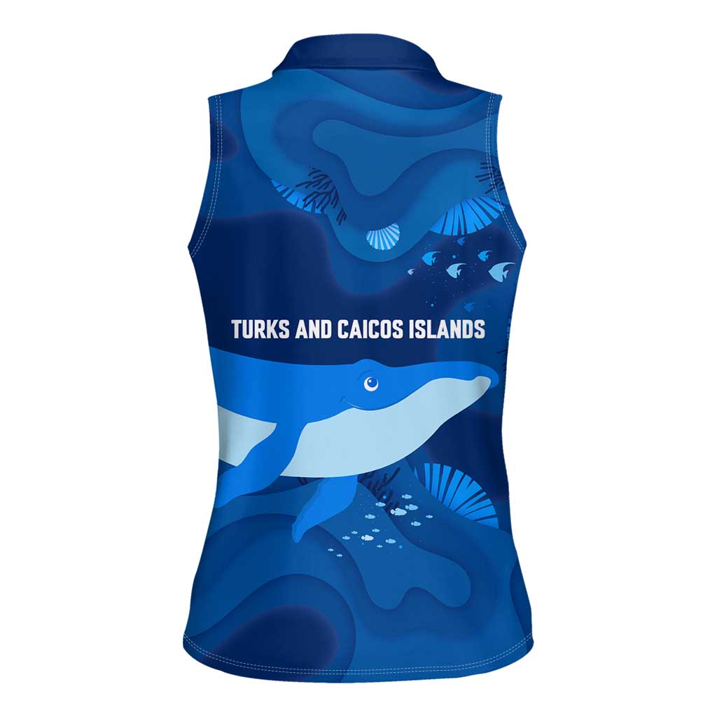 Turks and Caicos Islands Women Sleeveless Polo Shirt with Blue Ocean Whale and Coral Reef Design - Wonder Print Shop