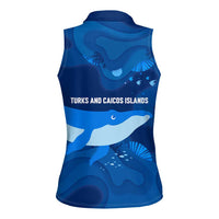 Turks and Caicos Islands Women Sleeveless Polo Shirt with Blue Ocean Whale and Coral Reef Design - Wonder Print Shop