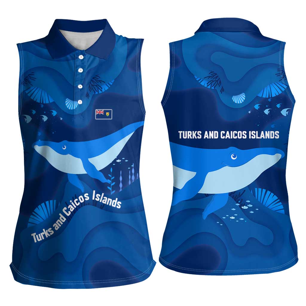 Turks and Caicos Islands Women Sleeveless Polo Shirt with Blue Ocean Whale and Coral Reef Design - Wonder Print Shop