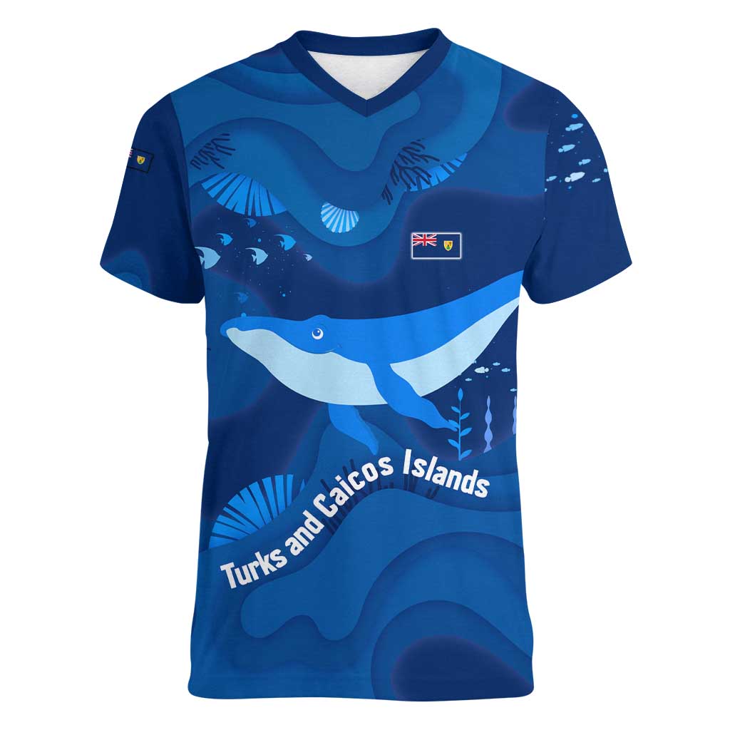Turks and Caicos Islands Women V-Neck T-Shirt with Blue Ocean Whale and Coral Reef Design - Wonder Print Shop