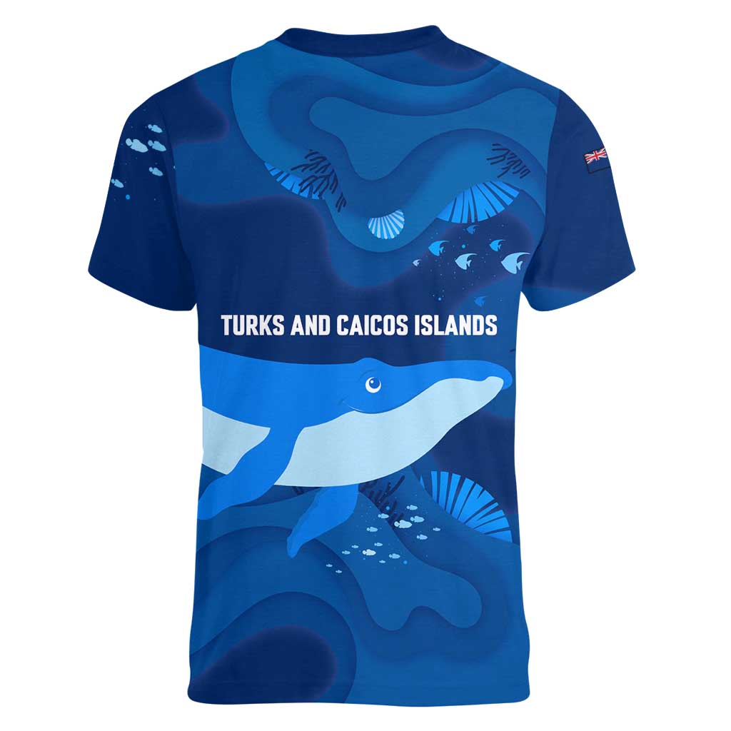 Turks and Caicos Islands Women V-Neck T-Shirt with Blue Ocean Whale and Coral Reef Design - Wonder Print Shop