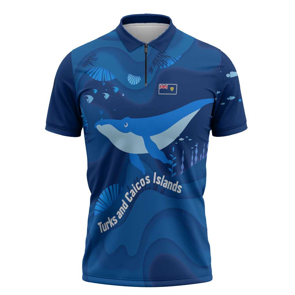 Turks and Caicos Islands Zipper Polo Shirt with Blue Ocean Whale and Coral Reef Design - Wonder Print Shop