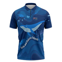 Turks and Caicos Islands Zipper Polo Shirt with Blue Ocean Whale and Coral Reef Design - Wonder Print Shop